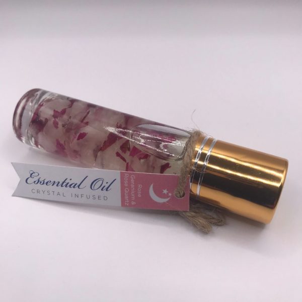 Crystal infused essential oil in roller bottle